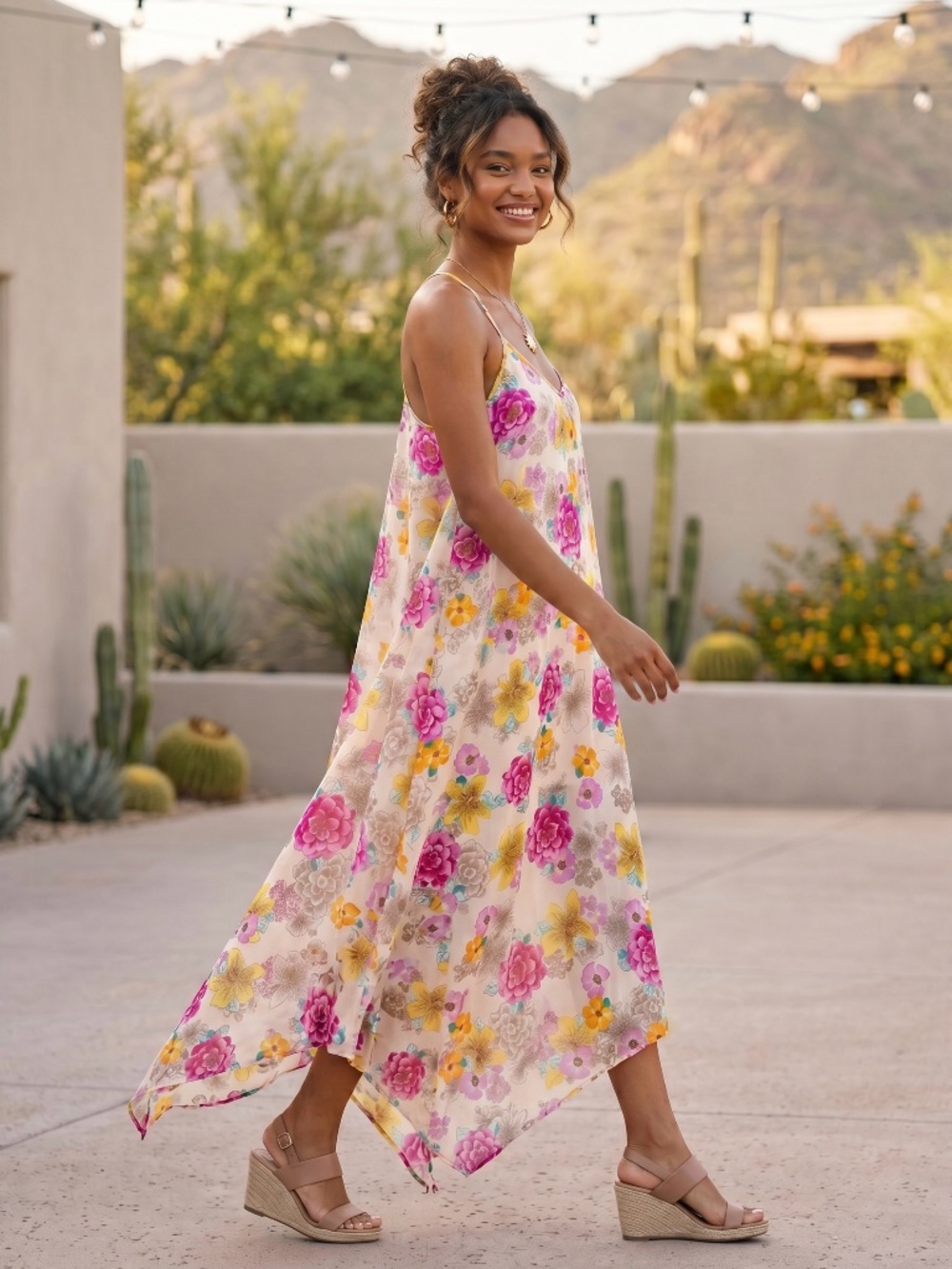 Lovestitch Tan Pink Floral Asymmetrical Midi Dress | V Neck Racerback - Picture 3 of 5